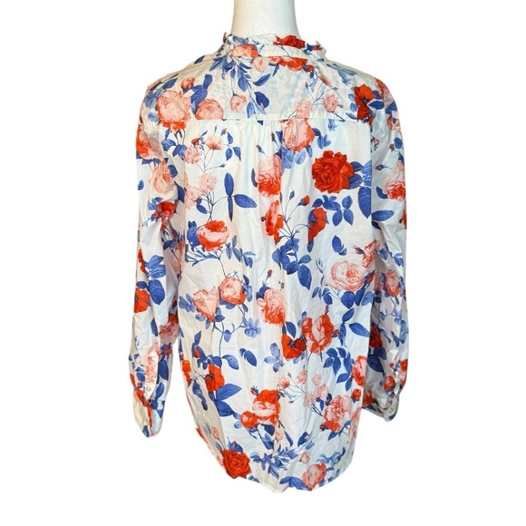 Talbots Floral Ruffle Neck 100% Cotton Popover Poplin Blouse Large Cottagecore - Picture 5 of 11